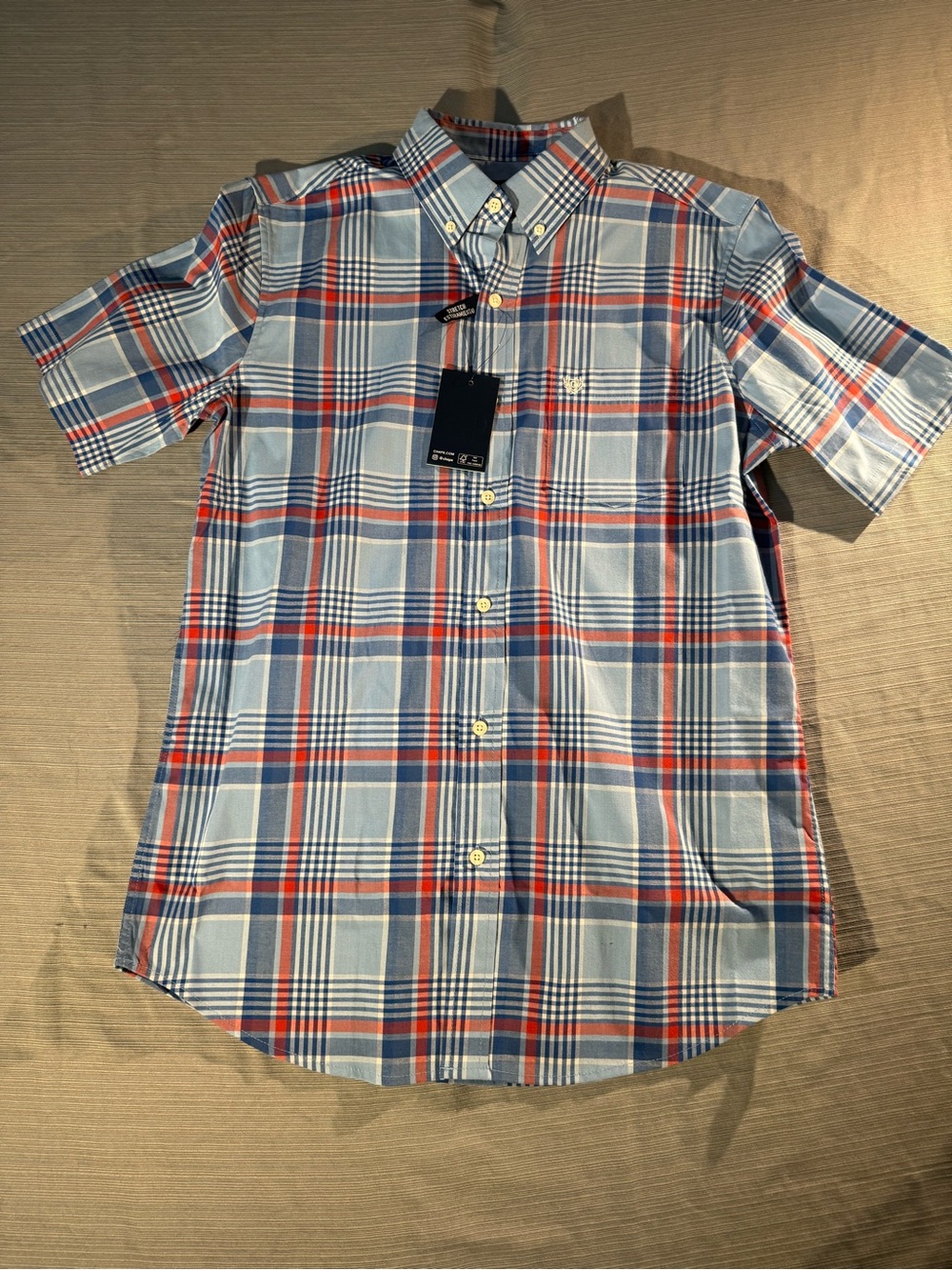 Chaps Men's Short Sleeve Plaid Button-Down Shirt - Light Blue, Navy & Red